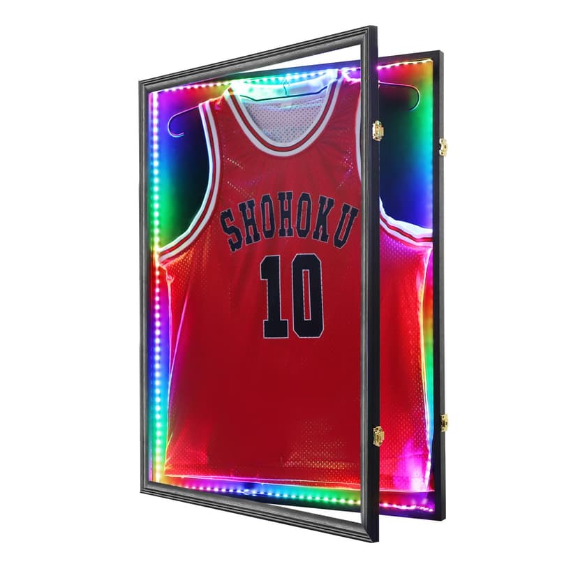 Grintus Jersey Frame Display Case, Black LED Display Box for All Jerseys,1P | Wall Mount, Black Display Box, Golden Anti-Theft Latch, UV Protection Acrylic, Color LED Light, Hanger & Pin Board Include