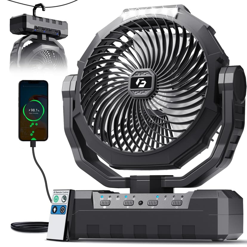 FRIZCOL 3-in-1 Camping Fan - Portable Fans Rechargeable - 48000mAh Battery Powered Fan with Light & Remote for Indoor, Outdoor, Tent, Travel, Fishing, Jobsite, Gifts for Men Dad Him - Black