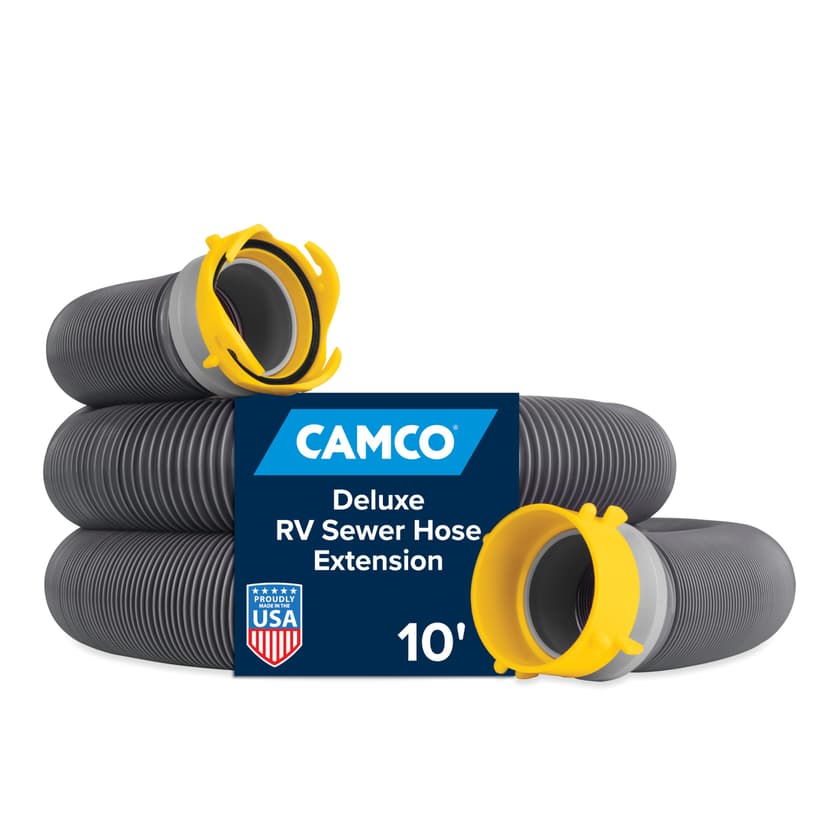 Camco Deluxe 10' RV Sewer Hose Extension - Heavy Duty Design with Swivel Fittings - Easy to Use and Compresses for Simple Organization - Storage Caps Included - 39665