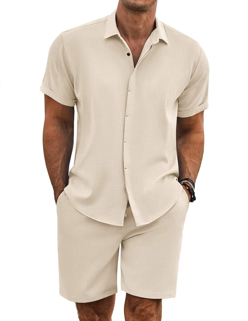 COOFANDY Men's Summer Beach Outfits 2 Piece Short Sleeve Shirts and Shorts Vacation Texture Linen Sets for Men