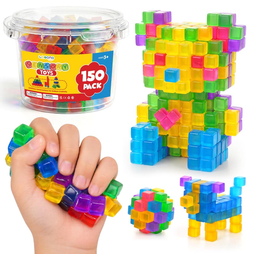 LESONG Mini Sticky Stacking Cubes for Kids: 150 PCS Washable Sensory Building Toy, Soft Squishy 0.39 inch Cubes with Storage Box, Balanced Stickiness for 2D & 3D Building, Translucent Travel Toy