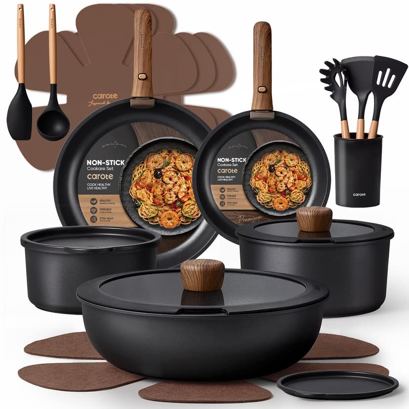 CAROTE 21pcs Pots and Pans Set Non Stick, Detachable Handle Cookware, Black | Induction Compatible, Dishwasher & Oven Safe, Space Saving, for Camping/RV/Traveling, Kitchen Cooking Set