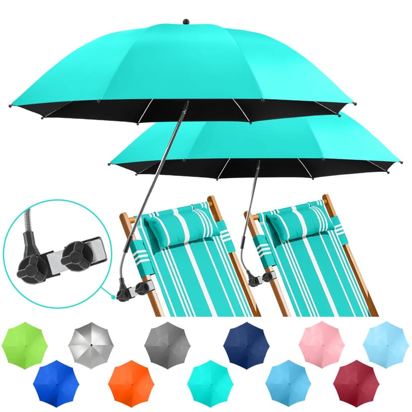 NBtoUS 2 PACK Beach Umbrella with Clamp, 360 ° Adjustable Umbrellas for Chair, UPF50+ Umbrella for Beach Chair, Patio Chair, Wheelchair, Camping Chair, Golf Carts (Chair Not Included)