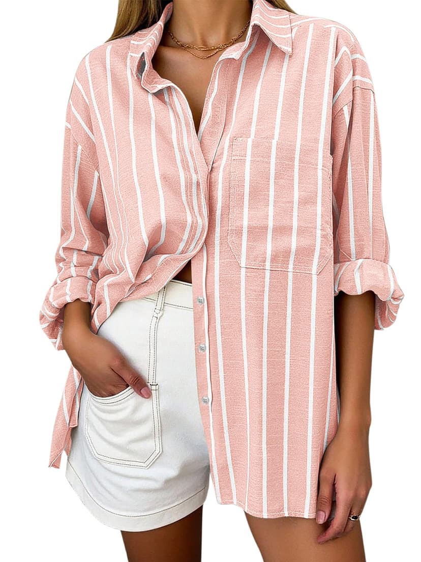 Oversized Button Down Shirts for Women Linen Shirt Long Sleeve Collared Blouses with Pocket Beach Vacation Outfit 2026