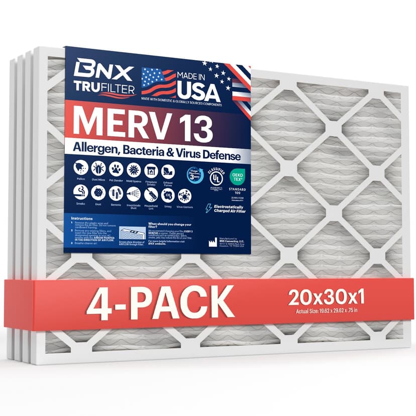 BNX TruFilter 20x30x1 Air Filter MERV 13 (4-Pack) - MADE IN USA - Electrostatic Pleated Air Conditioner HVAC AC Furnace Filters for Allergies, Pollen, Mold, Bacteria, Smoke, Allergen, MPR 1900 FPR 10