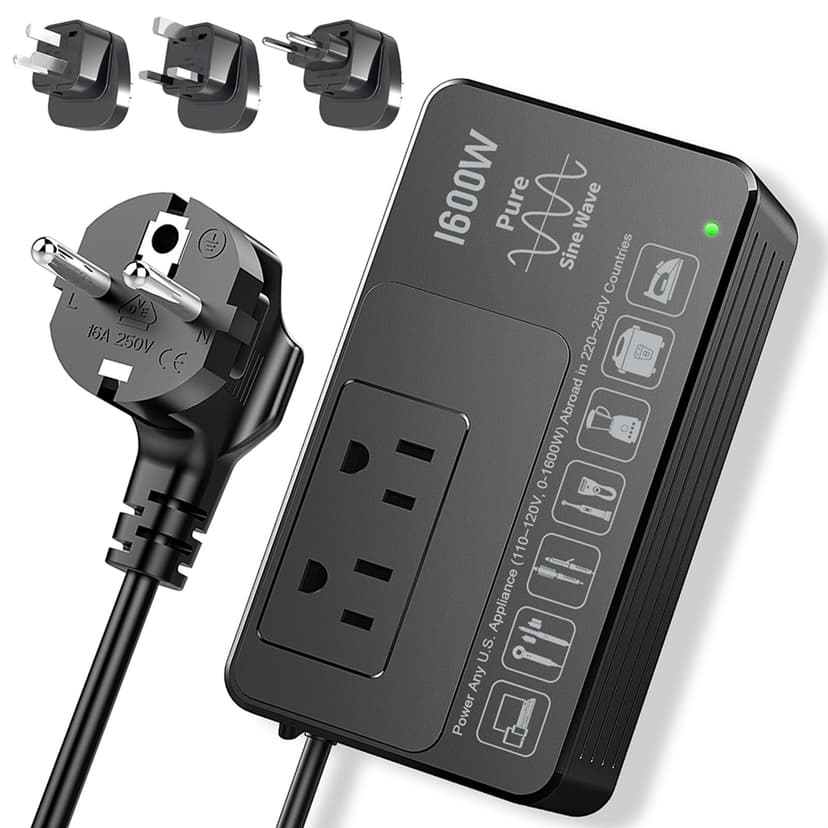 HYTED 1600W 220V to 110V Converter, No Load-Type Restrictions - Plug & Play | Pure Sine Wave Voltage Converter US to Europe International Travel, Power Any 110–120V Appliance in 220–250V Countries