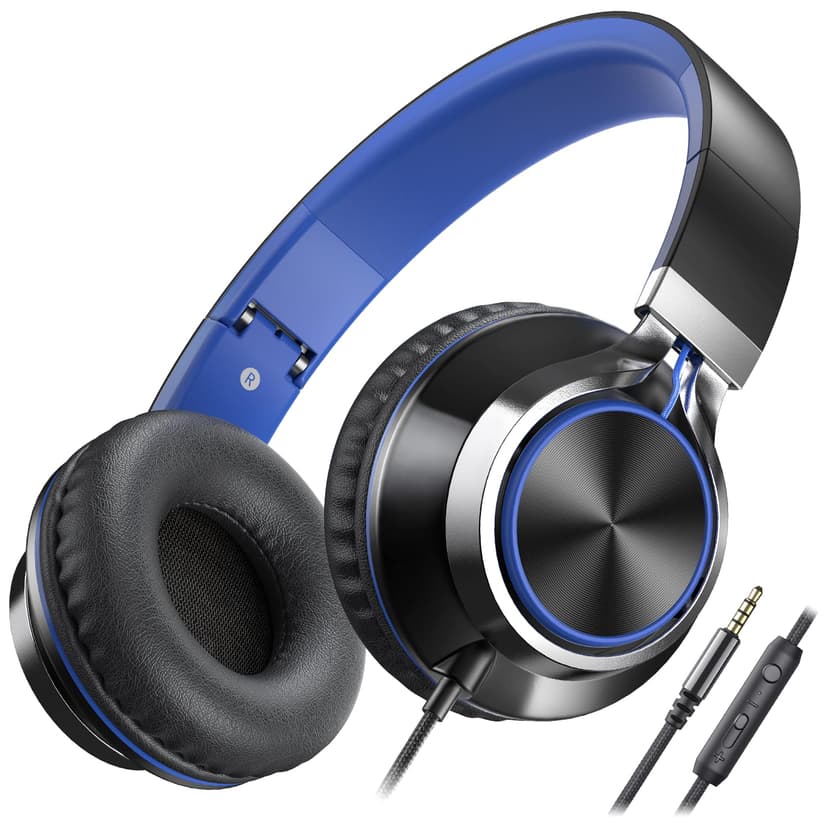 AILIHEN C8 Kids Wired Headphones with Microphone for School, On Ear Headsets with Volume Control Foldable, 3.5mm Jack Computer Chromebook for Children Teens Classroom Online Learning (Black Blue)