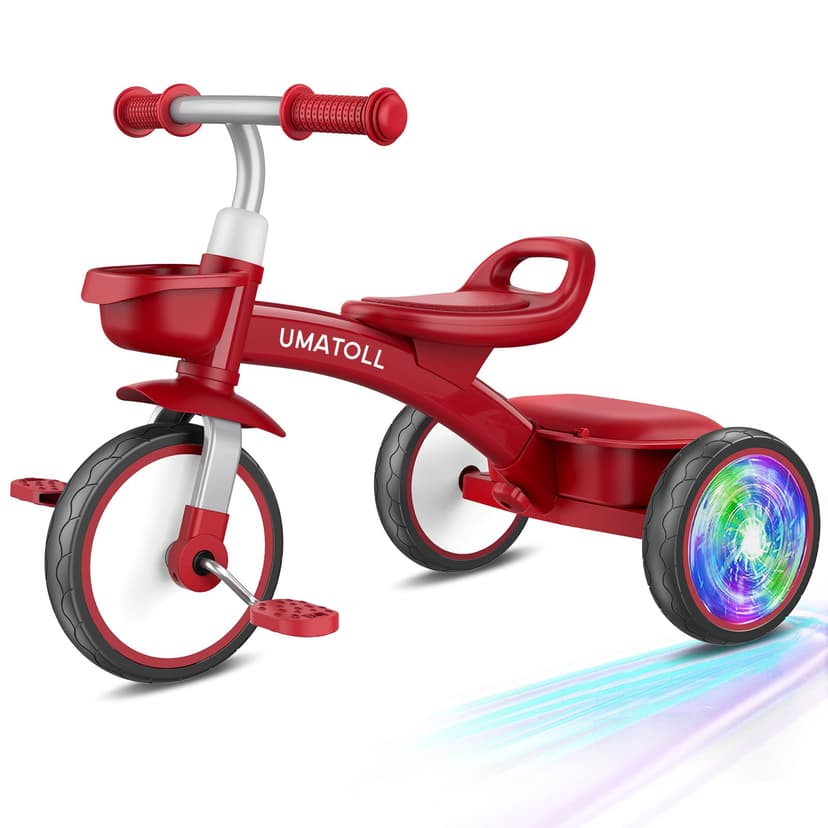 Umatoll Toddler Tricycle for 18 Month to 4 Year Old Boys Girls,Toddler Bike Toys with Adjustable Seat&Light-Up Wheels,Birthday Gift for Age 2-3 (Red)
