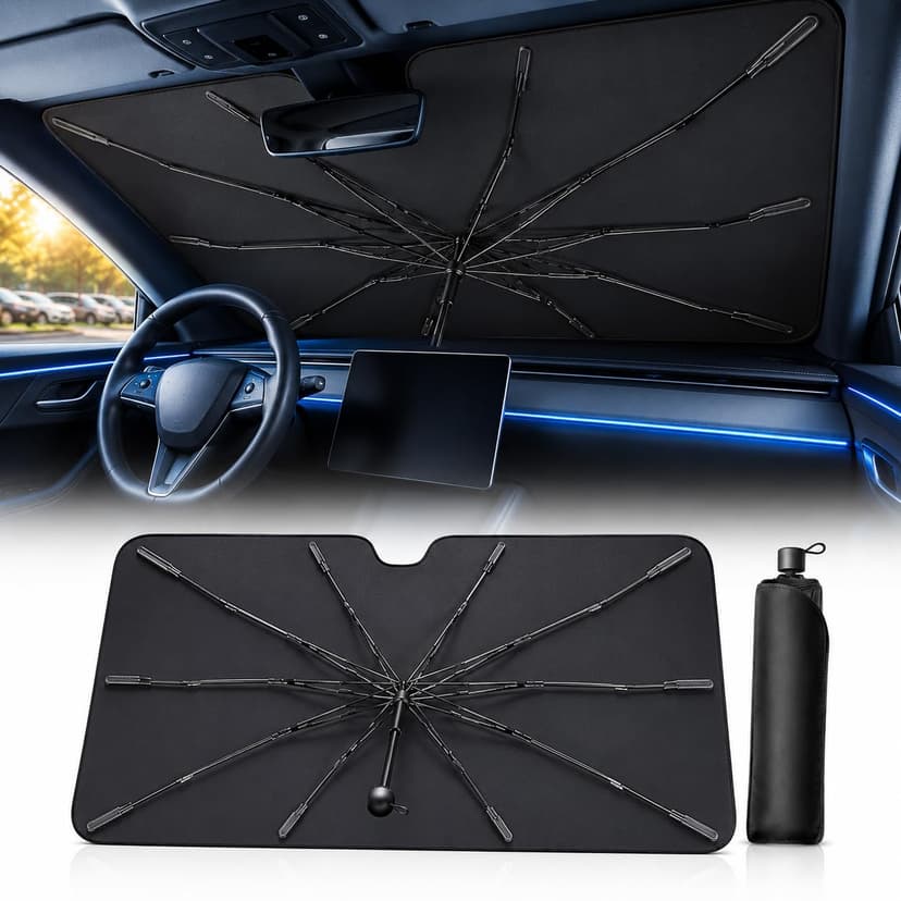 2026 Upgraded DooGooCoo Windshield Sun Shade Umbrella for Car, Reinforced Frame, UV Block Heat Shield, Keeps Interior Cooler, Foldable Front Windshield Cover, Large (61"x35")