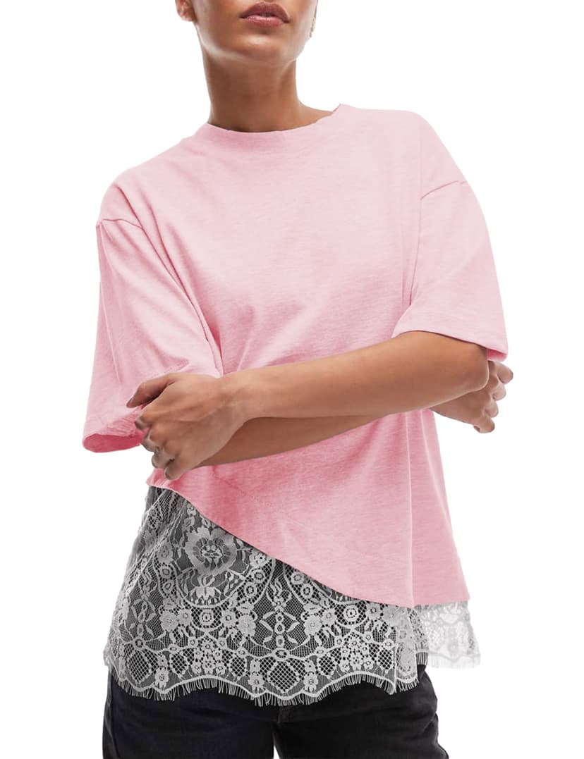 GTLIAE Women's Lace Patchwork Top Summer Daily Relaxed Fit Drop Shoulder Short Sleeve Blouse Casual Weekend T-Shirt