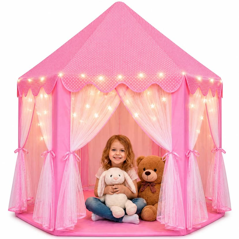 ORIAN Princess Tent for Girls, Kids Pink Play Tent, Ages 2–7, 55" x 53" | Children's Large Playhouse for Girls and Toddlers, Indoor & Outdoor Play Castle, With LED Star Lights