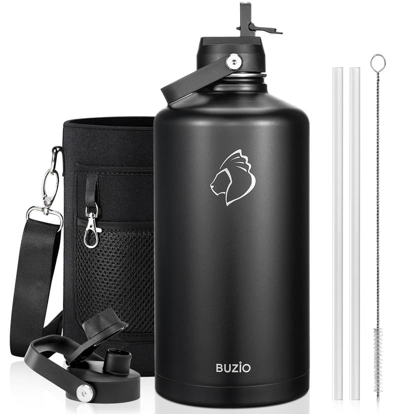 BUZIO 1 Gallon Water Jug with Straw Handle Lid, 128oz Water Bottle Stainless Steel Double Wall Hydro Jug 18/8 Food Grade Thermo Mug Keep Cold 48H & Hot 24H, Black