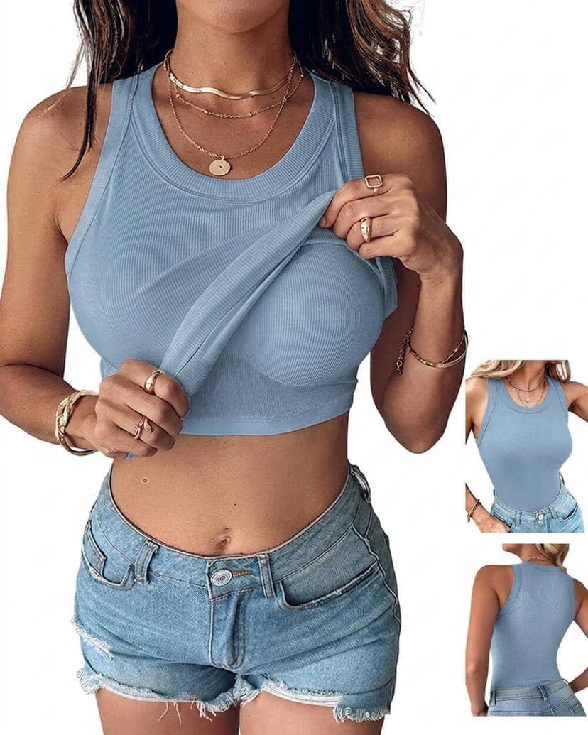 CHICME Women Built-in Bra Tank Tops Sleeveless Casual Shirts Racerback Ribbed Fitted Tank Tops