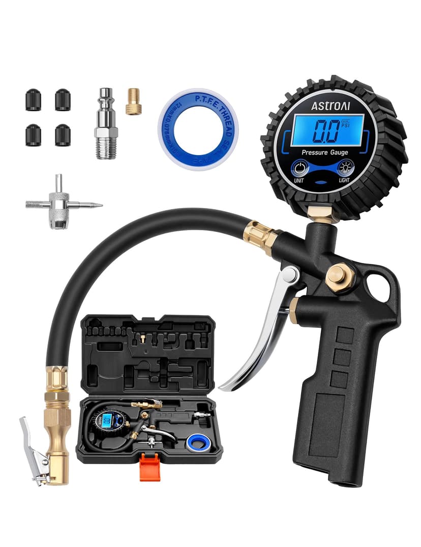 AstroAI Digital Tire Pressure Gauge with Inflator 3-250 PSI Fits 1/4" NPT | Heavy Duty Air Chuck & Compressor Accessories with Quick Connect Coupler, 0.1 Display Resolution, 1Pack Standard with Case