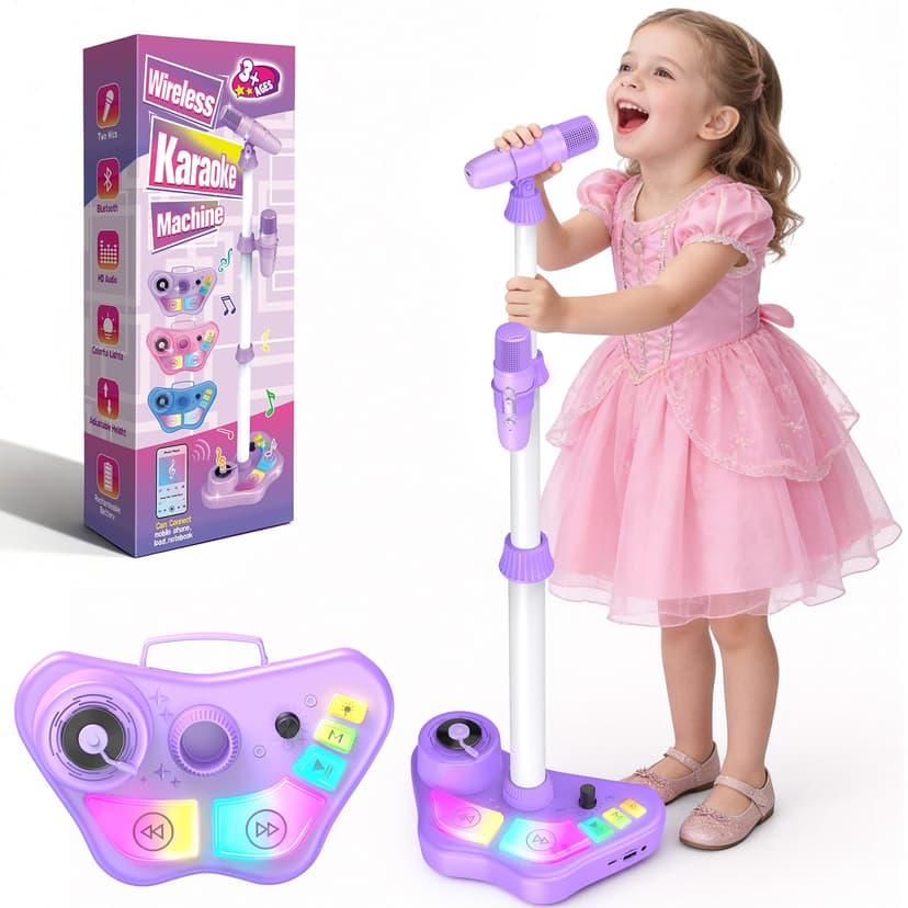 Stand Karaoke Machine for Kids, Singing Toys Gifts for 3 4 5 6 7 8 Year Old Girls Boys, Rechargeable Kid Microphone Bluetooth Speaker with 2 Wireless Mic for Girl Age 4-6 Toddler Birthday Party Toy