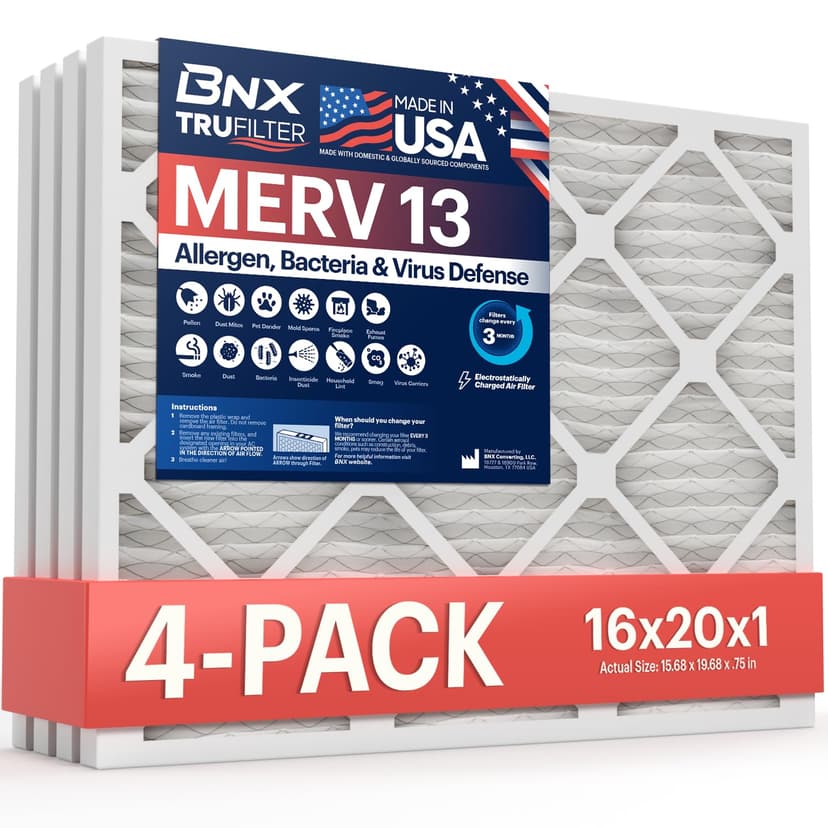 BNX TruFilter 16x20x1Air Filter MERV 13 AC Filter, HVAC Furnace Filter, 4 Pack (ACTUAL SIZE 15.69"x19.69"x0.75") Allergies, Dust, Pet Dander & Smoke - MADE IN USA - MPR1500 / FPR 10