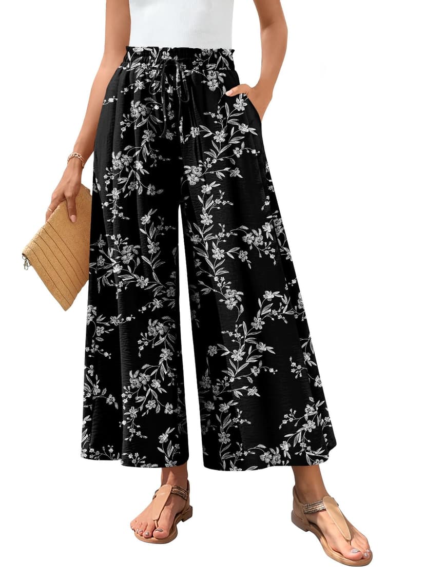 Bestbee Women's Wide Leg Palazzo Pants Dressy Casual Gaucho Pants Elastic Waist with Pockets