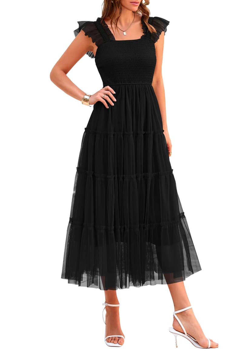 PRETTYGARDEN Women's Summer Smocked Midi Tulle Dress | Sleeveless Square Neck A Line, Flowy Tiered Mesh, Spring Semi Formal Wedding Guest Outfits, Homecoming Prom Party Dresses