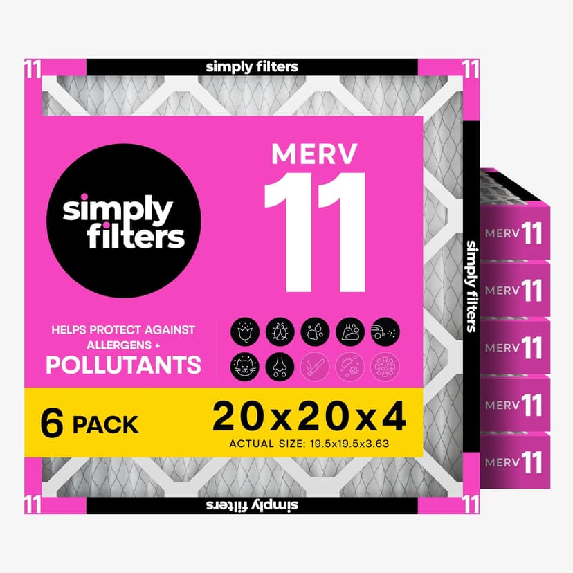Simply 20x20x4 Air Filter, MERV 11, 6 Pack, Furnace Air Filter for HVAC (Actual Size:19.5"x19.5"x3.63") DUST, Pet, & Allergy Control