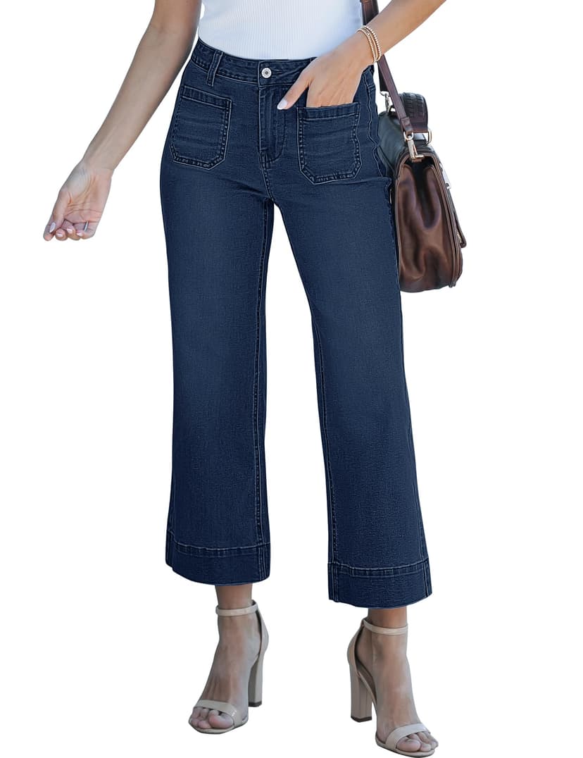 luvamia Wide Leg Jeans for Women Trendy High Waisted Flare Jeans Cropped Denim Pants Stretchy Baggy with Patch Pockets