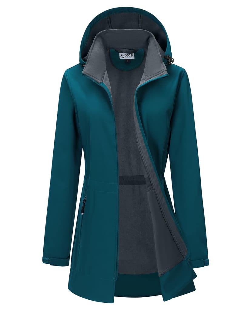 33,000ft Women's Waterproof Softshell Jacket Hooded Fleece Lined Raincoat | Removable Hood, Long Insulated Warm Rain Jacket, Breathable, Full Zip, Lightweight, Windproof, Spring Fall Winter Windbreake