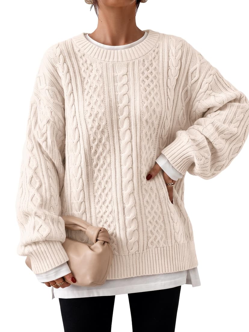 Trendy Queen Womens Oversized Cable Knit Chunky Fall Pullover Sweaters 2026 | Crewneck Cozy Warm Winter Clothes, Cute Y2K Holiday Outfits, Casual Fashion Clothing, Loose Fit Dressy Long Sleeve Tunic T
