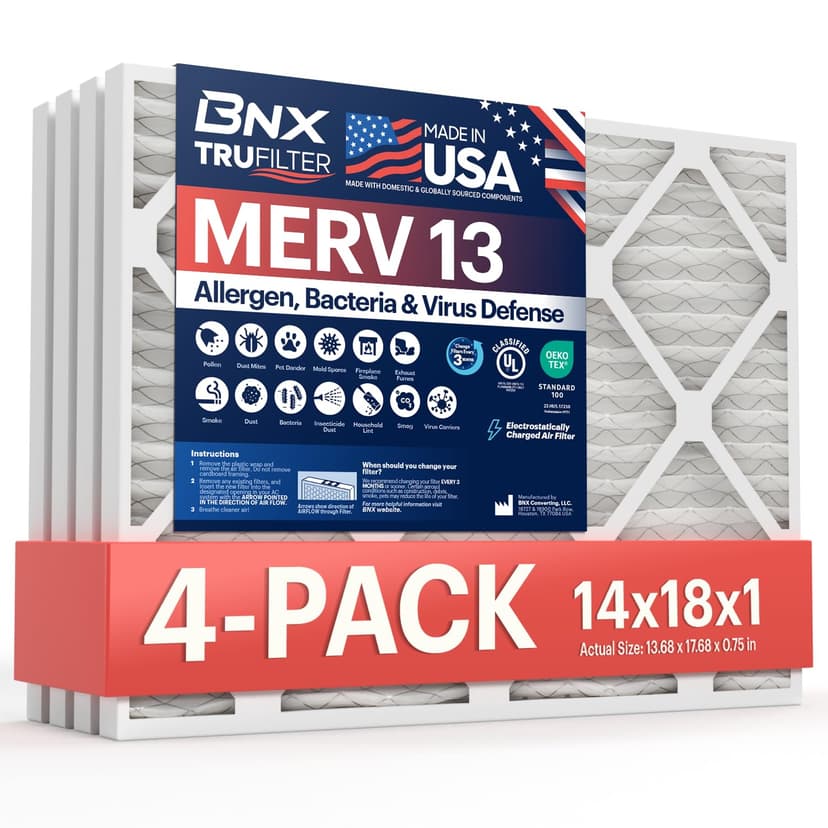 BNX TruFilter 14x18x1 MERV 13 (4-Pack) AC Furnace Air Filter - MADE IN USA - Electrostatic Pleated Air Conditioner HVAC AC Furnace Filters - Removes Pollen, Mold, Bacteria, Smoke