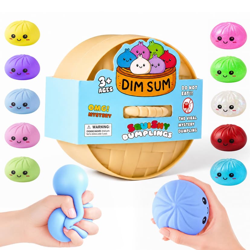 Dumpling Squishies, Dumpling Mystery Box, Colorful Dumplings Stress Balls Fidget Sensory Toy, Stocking Stuffers with Food Steamer Stretchy Desk Toys (Blue)