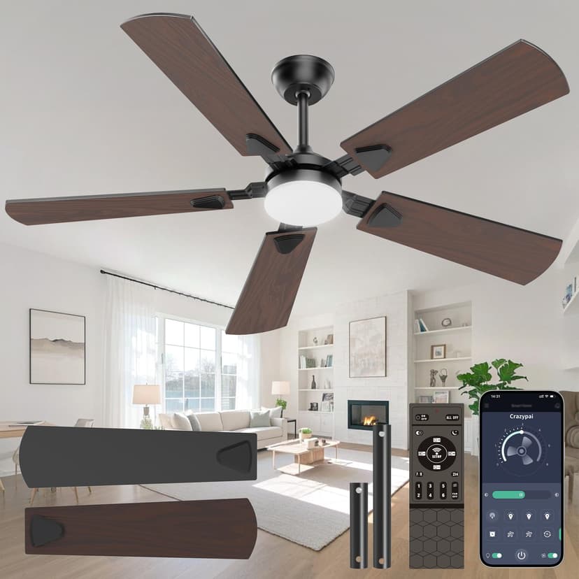 Crazypai Ceiling Fans with Lights, 52 Inch Modern Ceiling Fans with Lights and Remote Control, DC Reversible Motor, Noiseless, 3CCT, Ceiling Fan for Bedroom, Living Room, Apartment Indoor/Outdoor Use