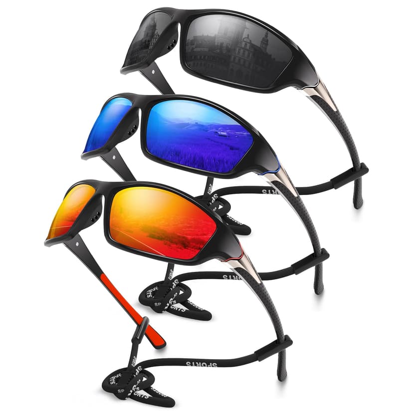 Foliful 3 Pack Polarized Sports Sunglasses for Men, Mens Sunglasses Wrap Around UV Protection for Cycling Fishing Driving