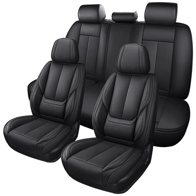 MINGBRON Black Car Seat Cover with Lumbar Support, Car Seat Protector Waterproof, Nappa Leather Car Seat Cushion, Car Seat Covers Front Seats and Back Fit for Most Cars