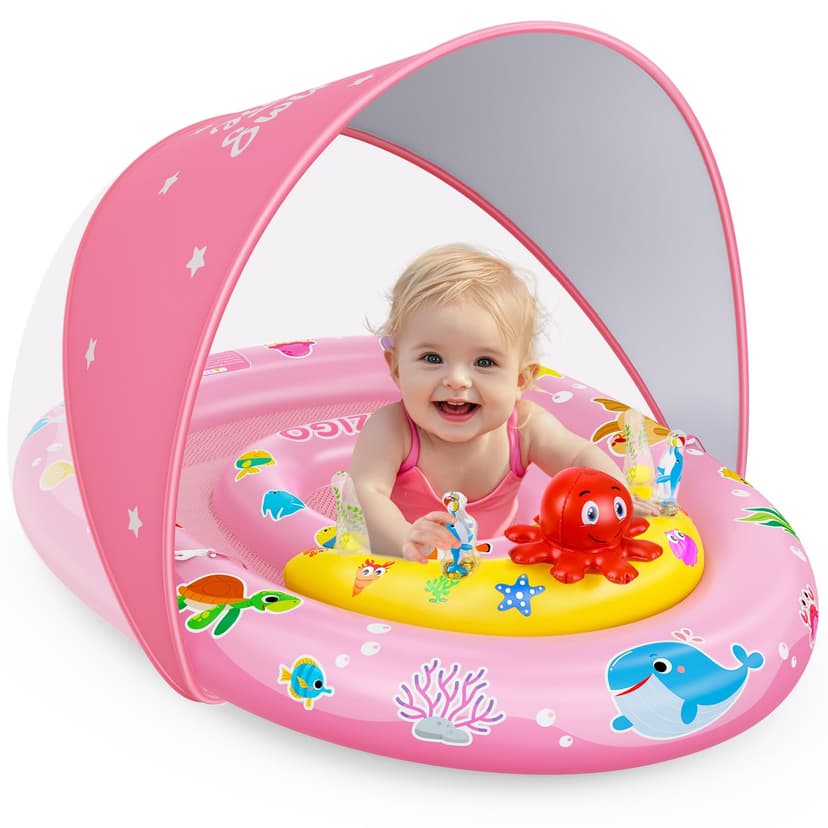 EZIGO Baby Pool Float with UPF50+ Canopy, Infant Swim Floats 6-36 Months | Toddler Floaties with Ocean Squeaky Toys, Adjustable Safety Seat, Sun Protection, Kids Inflatable Pool Floats for Boys Girls