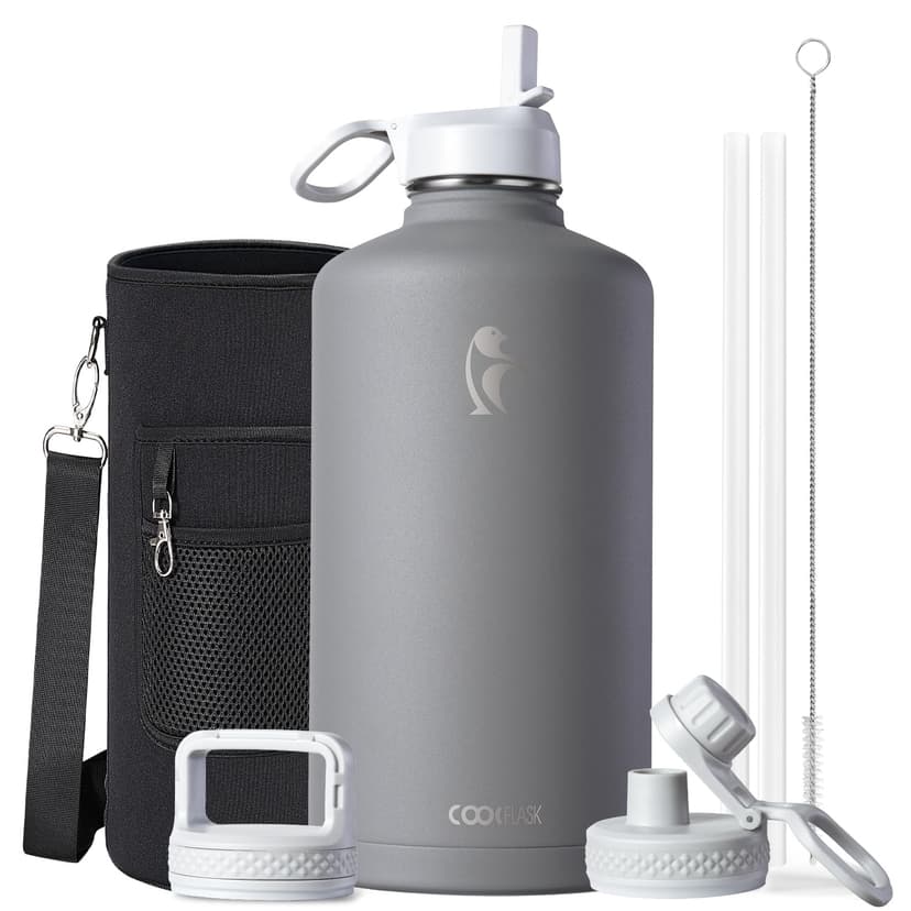 Coolflask 128 oz Gallon Water Bottle Insulated with Straw&3 Lids, Water Jug Large Stainless Steel Metal Vacuum Wide Mouth for Sports, Gym or Office, Non-BPA Keep Cold 48H Hot 24H, Dark Grey