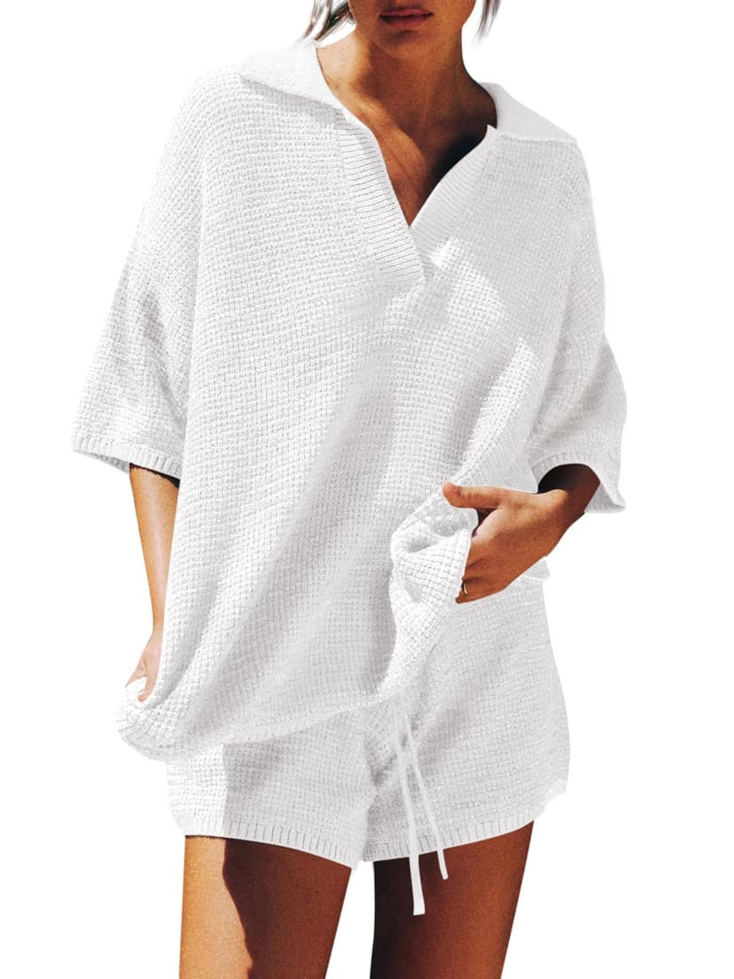 Tankaneo Womens Sweater Set 2 Piece Outfits Oversized 3/4 Sleeve V Neck Knit Tops High Waisted Shorts Lounge Sets