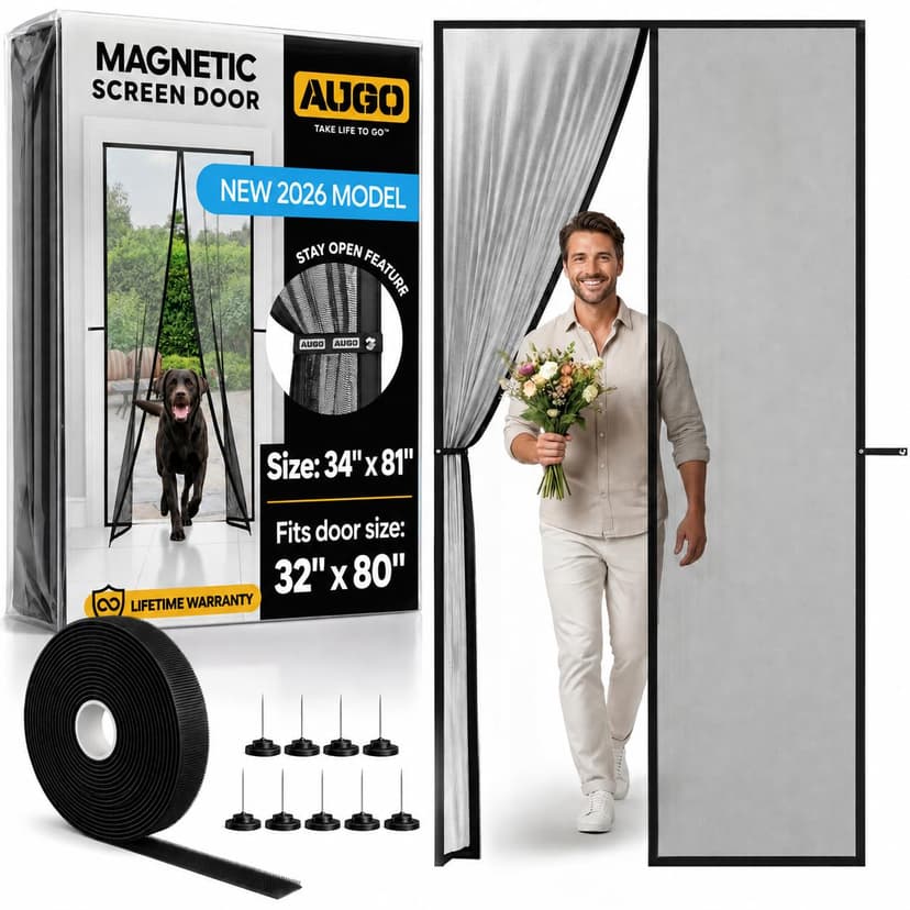 AUGO Magnetic Screen Door - Self Sealing, Heavy Duty, Hands Free Mesh Partition Keeps Bugs Out - Pet and Kid Friendly - Patent Pending Keep Open Feature - 34 Inch x 81 Inch