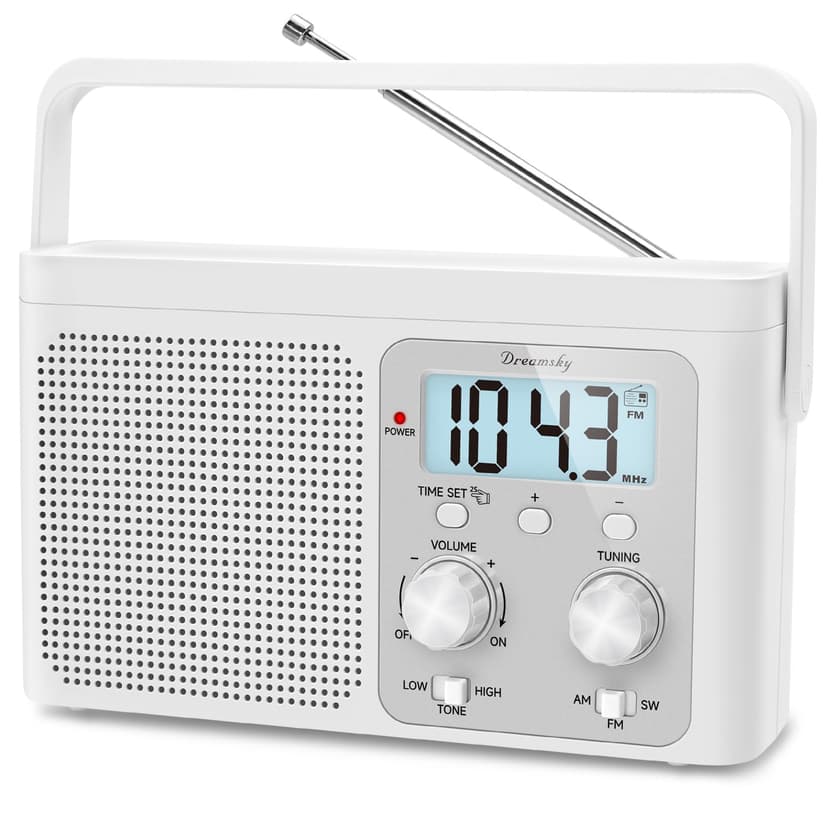 DreamSky AM FM Radio Portable Shortwave Radio Battery Powered/Plug in Wall | for Home Outdoor, Strong Reception, Large Dial Easy to Use, Digital Time Display, Transistor Antenna, Seniors Small Gift