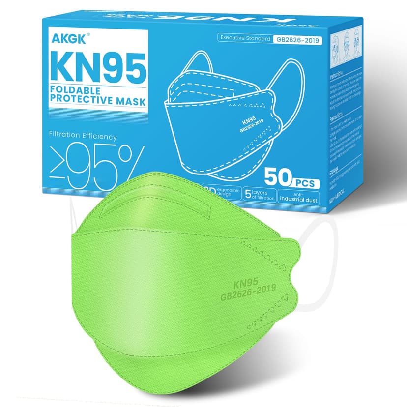 akgk KN95 Face Masks 50 Pack, 5-Ply Disposable Green Face Mask Against PM 2.5 Smoke & Dust, Filtration Efficiency 95%