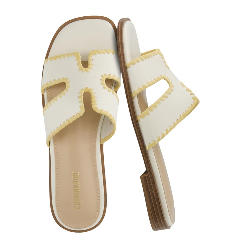 CUSHIONAIRE Voyage Cutout Strap Slides for Women, Slip On Summer Flats, Trendy Footwear, Memory Foam Vegan Leather Comfortable Vacation Style Sandals