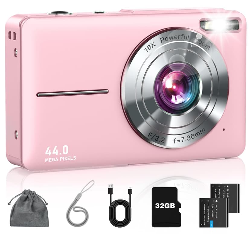 Lecran Digital Camera, FHD 1080P Point and Shoot Camera for Kids Teens Starters, with 32GB Card 16X Zoom Anti Shake Date Stamp, Compact Small Camera Christmas Birthday Gift for Boys Girls, Pink