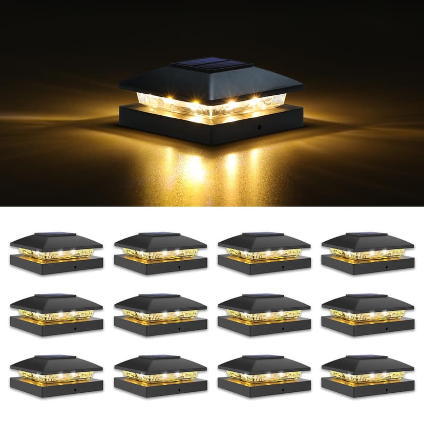 VOLISUN 4x4 Solar Post Cap Light 12pack,Solar Fence - Post Lights Outdoor Waterproof for Wooden/Vinyl Post,Black Deck Post Cap Light Solar Powered with Warm White for Garden/Patio/Porch