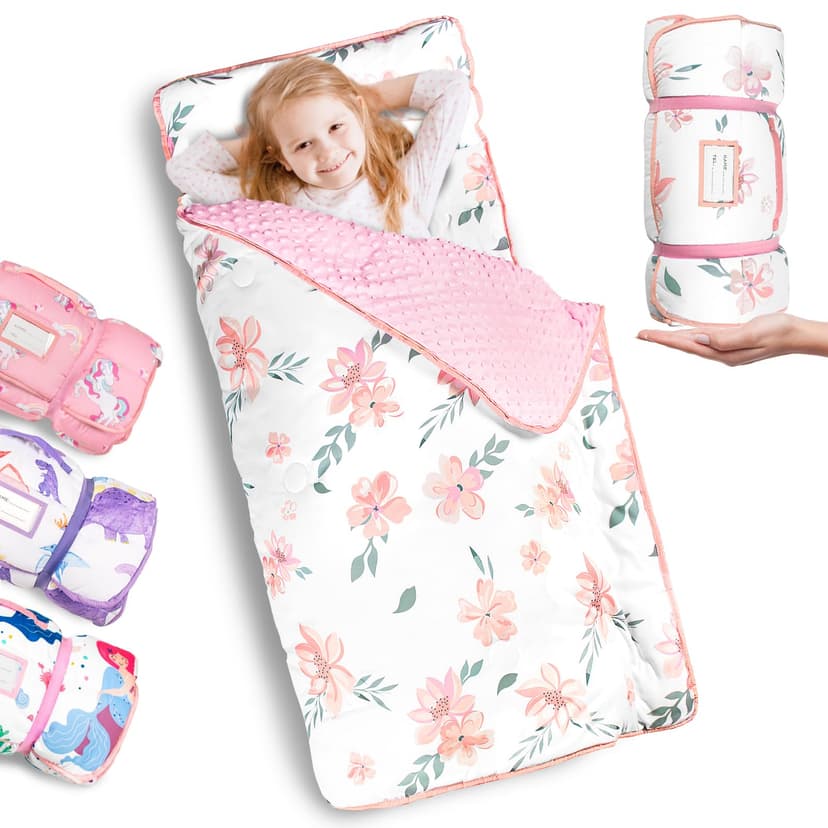 Primlect Toddler Nap Mat with Pillow, Thickened Extra Large Sleeping Bag | 55''x35'' Sleeping Mat with Blanket, Washable, Roll up, Perfect for Daycare, Preschool, Kindergarten, Girls, Flower