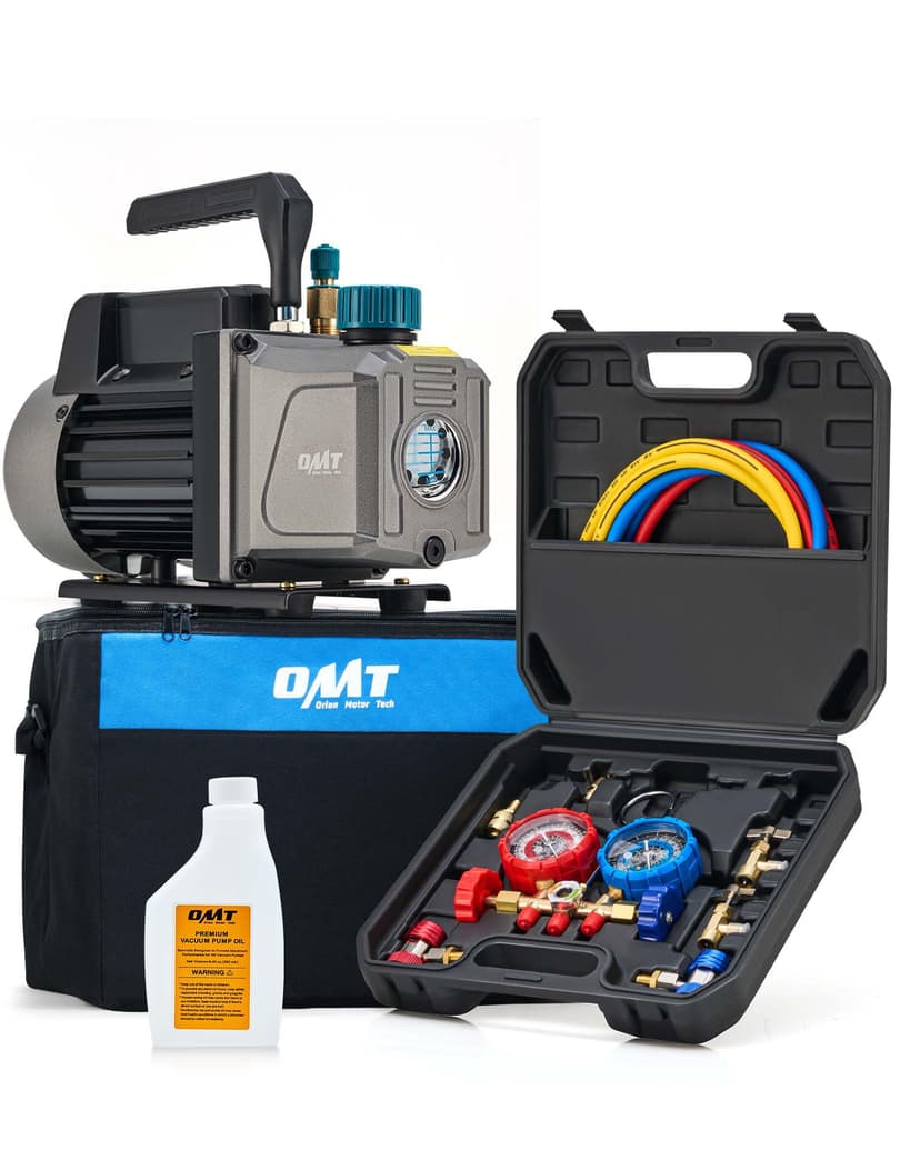 OMT 3.5 CFM AC Vacuum Pump and Gauge Set for R134a R12 R22 R502 | Aluminum Alloy Casing; 3 Color Hoses, Can Taps & Adapters; For Mini Split, HVAC & Auto Systems; For Mechanics & DIY Use