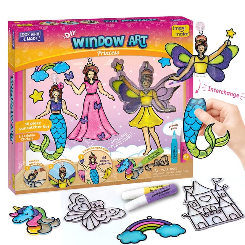 Imagimake Window Art - Princess, DIY Mess-Free 16 Pieces Suncatcher Kit | Stained Glass Painting Craft Activity for Kids, Birthday Gift for Girls Ages 5,6,7,8,9,10,12 Years Old