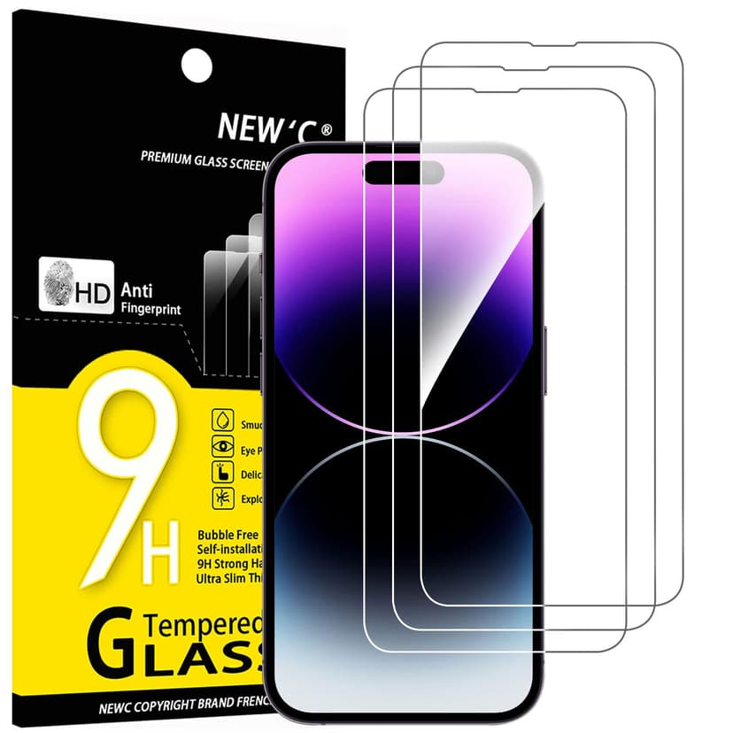NEW'C for iPhone 14 Pro Max Screen Protector Tempered Glass Bubble Free | 3 Pack, HD Clear, 6.7 Inches, 9H Hardness, Scratch Resistant, Bubble Free, Oleophobic, Touch Sensitive