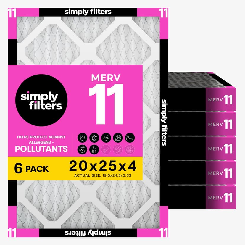 Simply 20x25x4 Air Filter, MERV 11, 6 Pack, Furnace Air Filter for HVAC (Actual Size:19.5"x24.5"x3.63") DUST, Pet, & Allergy Control