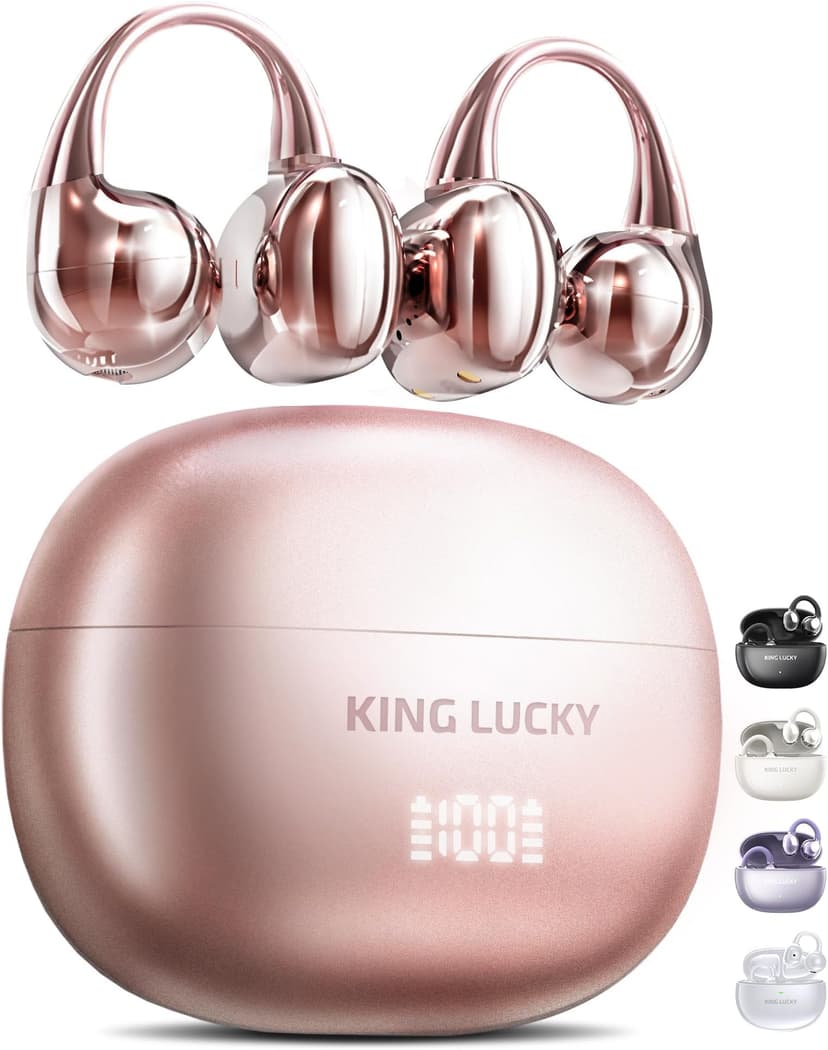 King Lucky Next-gen Clip on Earbuds Open Ear Wireless Bluetooth 6.0 Headphones with Mic,50H Play,ENC,IPX5 Waterproof,Sports Ear Buds,Comfortable for Small Ears&Fitness,Running (LED Display, Pink)
