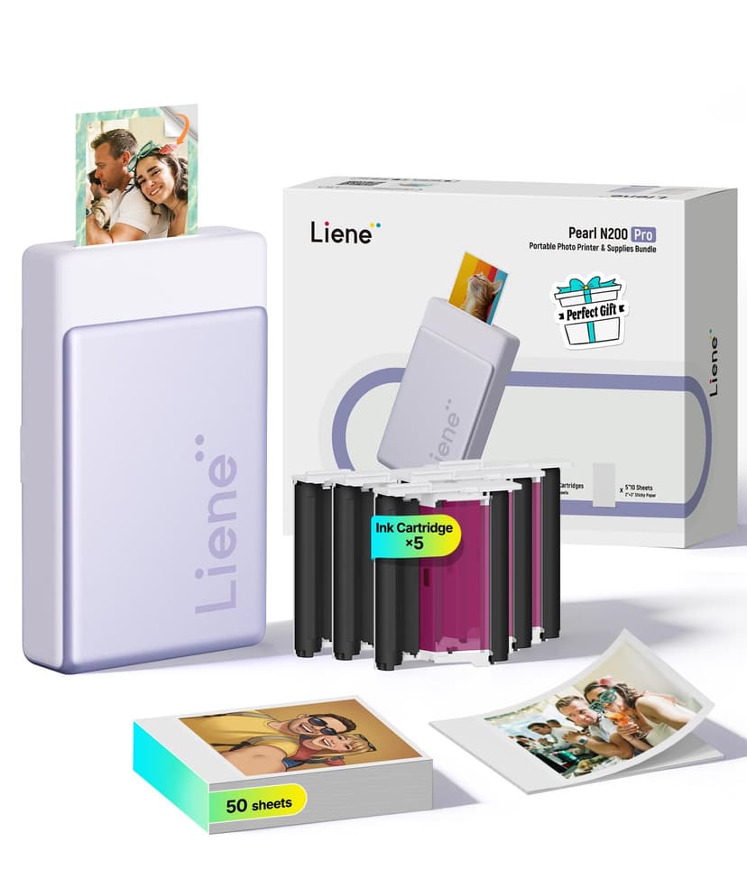 Liene Pearl N200 Pro Portable Photo Printer, Instant Mini Picture Printer for iPhone Smartphone, Thermal Dye Sublimation, Bluetooth Sticker Printer 50 Sheets 2x3 Adhesive Paper & 5 Cartridges, Purple