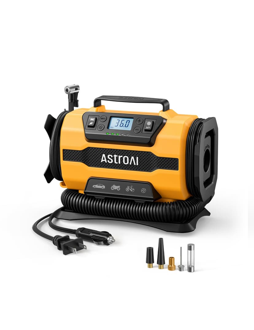 AstroAI Tire Inflator Portable Air Compressor, 12V DC/120V AC Dual Power | Fast-Inflating Air Pump with Dual Metal Motors, 150PSI Digital Gauge for Car, SUV, Bike Tires & Air Mattresses, Compact