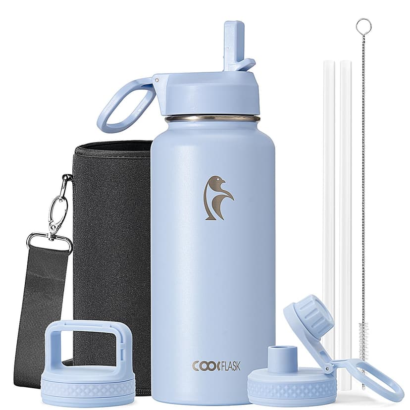 Water Bottle 32 oz Insulated with Straw, Coolflask Stainless Steel Metal 3 Lids Water Flask Wide Mouth for Sports or Office, Non-BPA Keep Cold Up to 48 Hrs or Hot Up to 24 Hrs, Light Blue