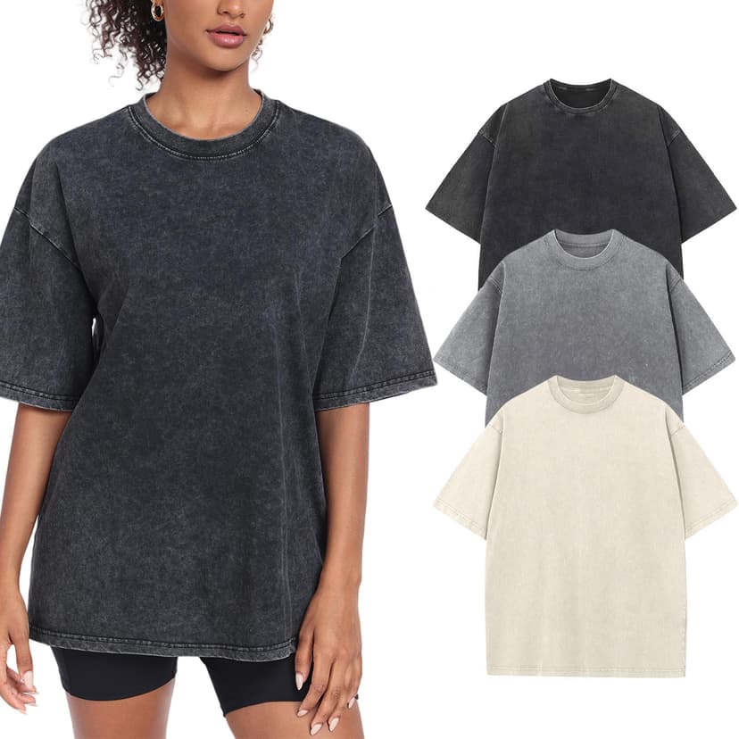 SnowElve Womens Washed Vintage Oversized T-Shirt Baggy Workout Tops Short Sleeve Cotton Tshirts Streetwear Boyfriend Tee